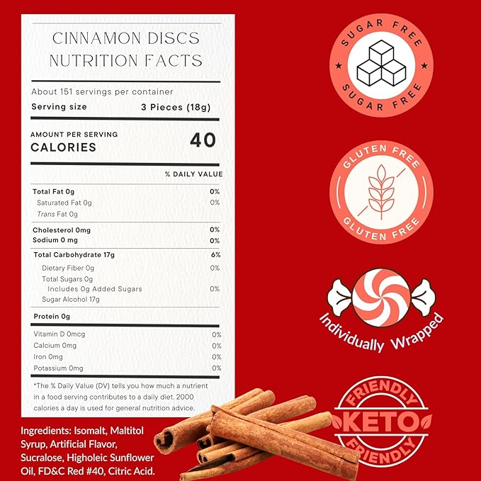 Sugar Free Cinnamon Hard Candy - 2 Pounds Sugar Free Hard Candy Individually Wrapped - Diabetic Friendly And Gluten Free Cinnamon Candy - Fiery and Sweet Flavor - Packaged Fresh in USA