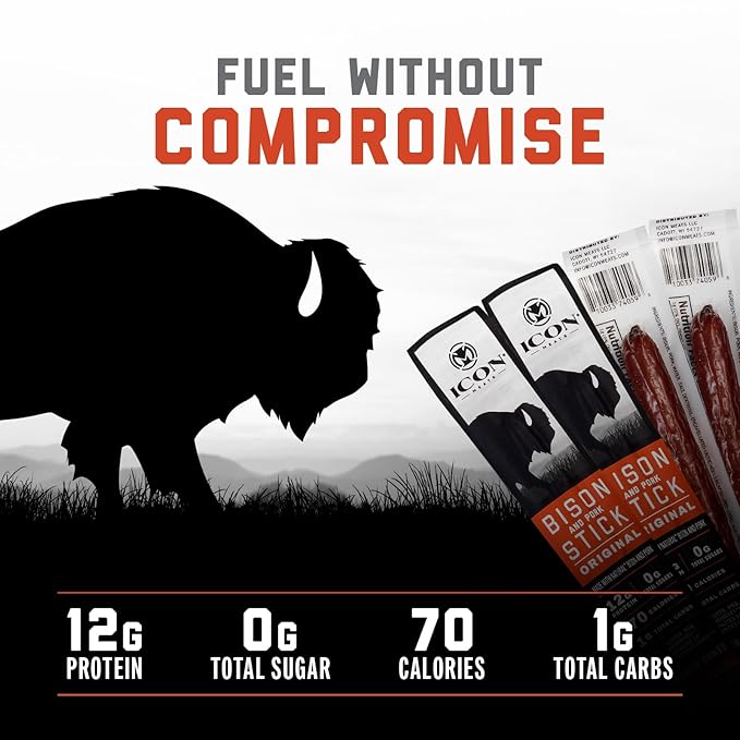 ICON Meats Bison and Pork Snack Sticks, Original Flavor, 24 Pack of High Protein Snacks, Sugar Free, Natural Jerky Meat Sticks, Gluten Free, USDA Inspected, Made in USA, Gifts or Stocking Stuffers