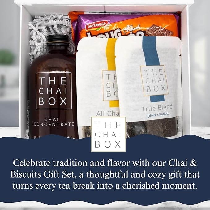 The Chai Box Loose Leaf Tea + Chocolate Bourbon Biscuits Gift Set | Tea Gift Box with Loose Leaf, Sweetened Chai Concentrate & Gourmet Biscuits (3 Pack) | The Perfect Pairing of Gourmet Tea and Biscuits for a Truly Memorable Gift