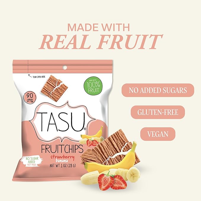TASU Strawberry Banana Dried Fruit Chips - 100% Natural, Crispy, Crunchy, and Allergen-Free Healthy Snacks for Kids & Adults, Vegan, Gluten-Free, No Added Sugar, No Oils Added, Perfect for Lunch Bags and On-the-Go Snacks | 30 Pack (1 Oz Each)