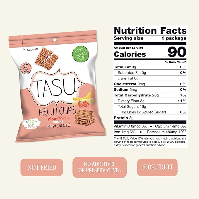 TASU Strawberry Banana Dried Fruit Chips - 100% Natural, Crispy, Crunchy, and Allergen-Free Healthy Snacks for Kids & Adults, Vegan, Gluten-Free, No Added Sugar, No Oils Added, Perfect for Lunch Bags and On-the-Go Snacks | 12 Pack (1 Oz Each)