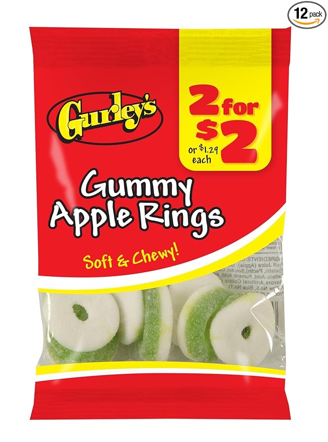 Gurley's Green Apple Gummi Rings, Sour and Sweet Chewy Candy (Pack of 12)