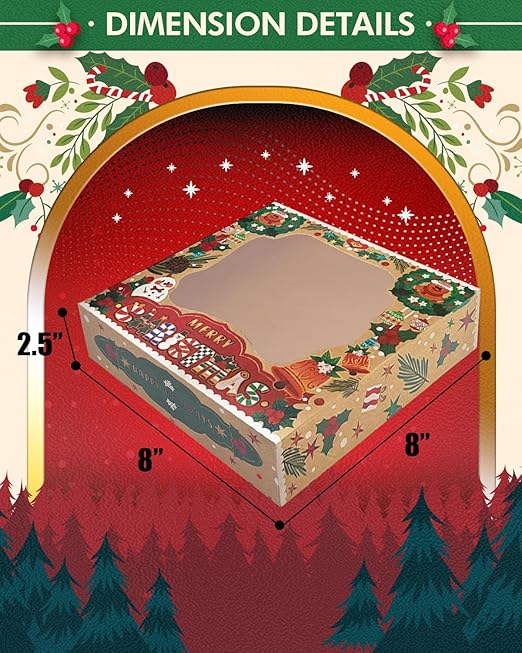 qiqee Christmas Kraft Cookie Boxes with Window 12packs 8x8x2.5 Inch Bakery Box Pastry Box for Christmas