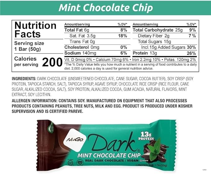 NuGo Dark Chocolate Mint Chocolate Chip, 13g Protein Bar, Vegan, Gluten Free, Non-GMO, Kosher Pareve, 12 Count