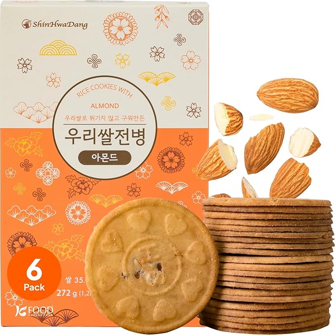 Korean Food Shinwhadang Rice Wafer Snacks(6 packs) – Almond Flavor, Oven-Baked Crispy Rice Crackers, Korean Rice Crisps (9.6 oz)