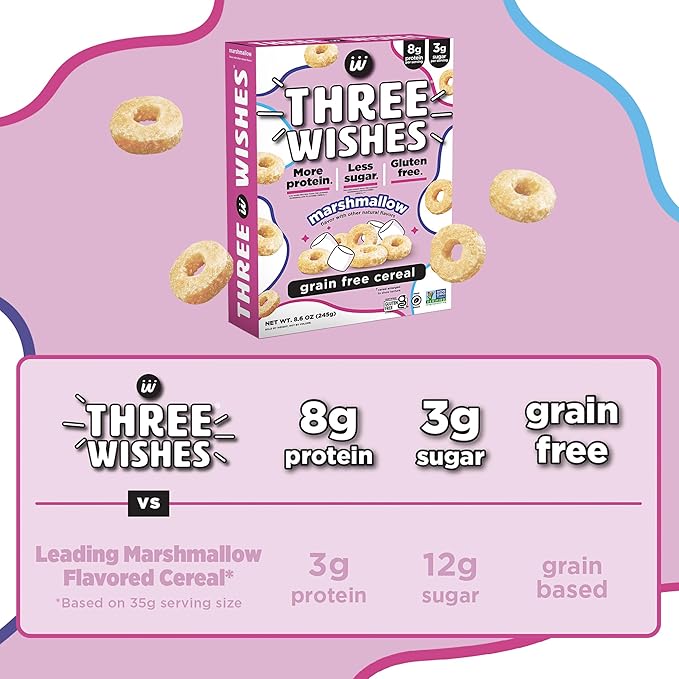 Three Wishes Grain-Free & Protein Cereal - Healthy, Low Sugar & Gluten-Free Breakfast Cereal - Low Carb, Plant-Based, Vegan & Non-GMO - Marshmallow, 6-Pack