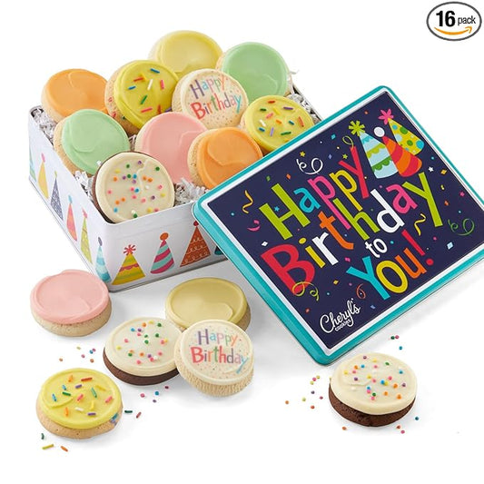 Cheryl's Cookies® Birthday Cookie Gift Tin,16 Individually Wrapped Buttercream-Frosted Cookies, Birthday Cake, Sugar, Chocolate Cake, Key Lime, Orange Citrus, Fruity Flavors, Kosher, Birthday Gift