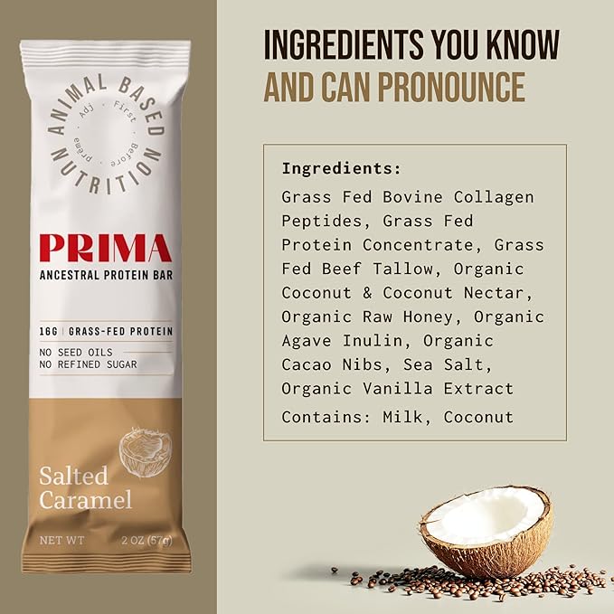 PRIMA ANCESTRAL PROTEIN BAR Grass Fed Protein Bars, 7 Pack – Animal-Based Protein Bar with Beef Tallow, Raw Honey, Seed Oil Free, Low Carb, Gluten-Free – Healthy, Energy Snacks for Clean Lifestyle (7 Pack, Salted Caramel)