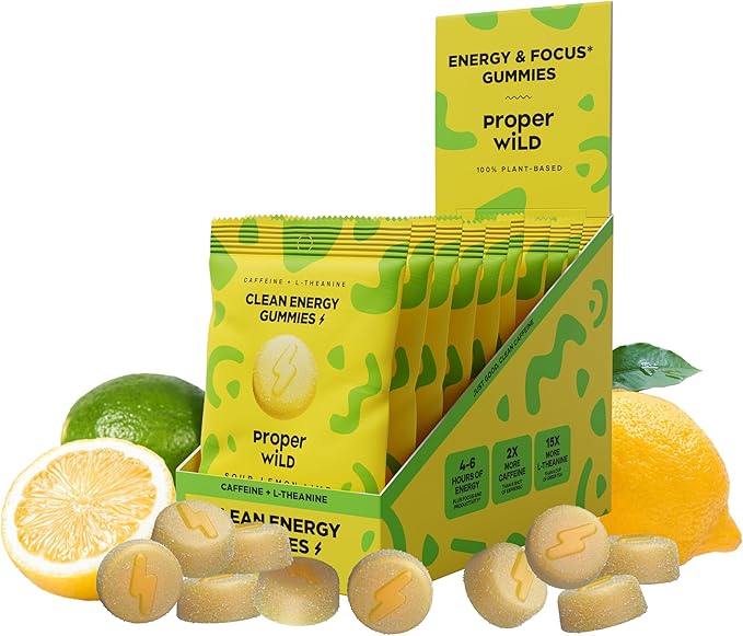 Proper Wild Vegan Energy Gummies with L-Theanine & Organic Caffeine, Clean Energy & Focus, Plant-Based, Gluten-Free, Non-GMO, Dairy-Free, Stevia-Free, Soy-Free, Sour Lemon Lime (10-Pack)