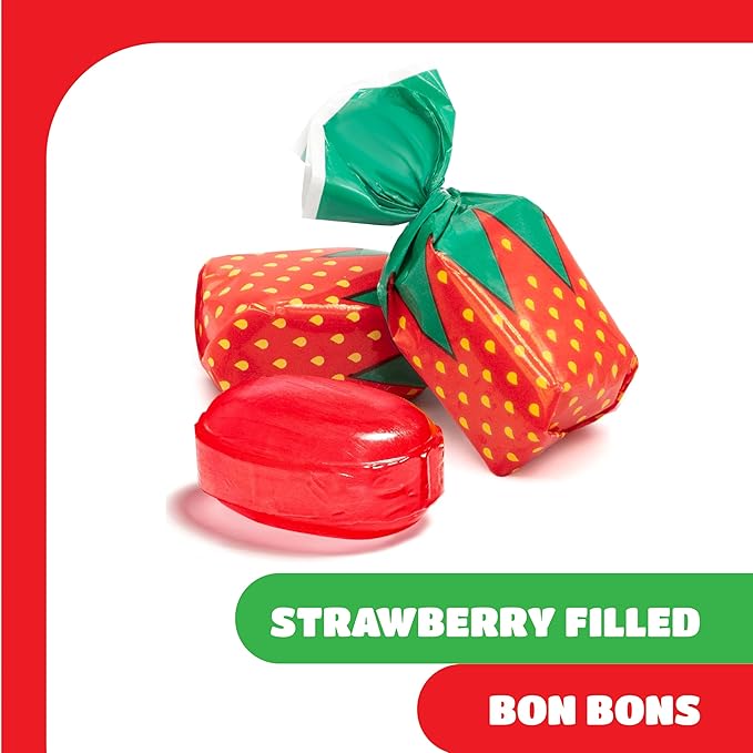 Arcor Strawberry Bon Bons - 2 Pound Bulk Pack - Filled Hard Candy Individually Wrapped - Soft Center Retro Candy - Classic Old School Candy for Office and Events
