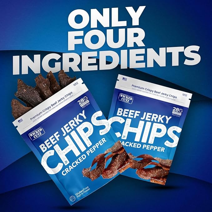 Wicked Cutz Cracked Pepper Beef Jerky Chips, 28g Protein per Bag, Crispy & Crunchy Beef Jerky Crisps, USA Made Pepper Flavored Chips, High Protein Carnivore Snacks (4 Bags)