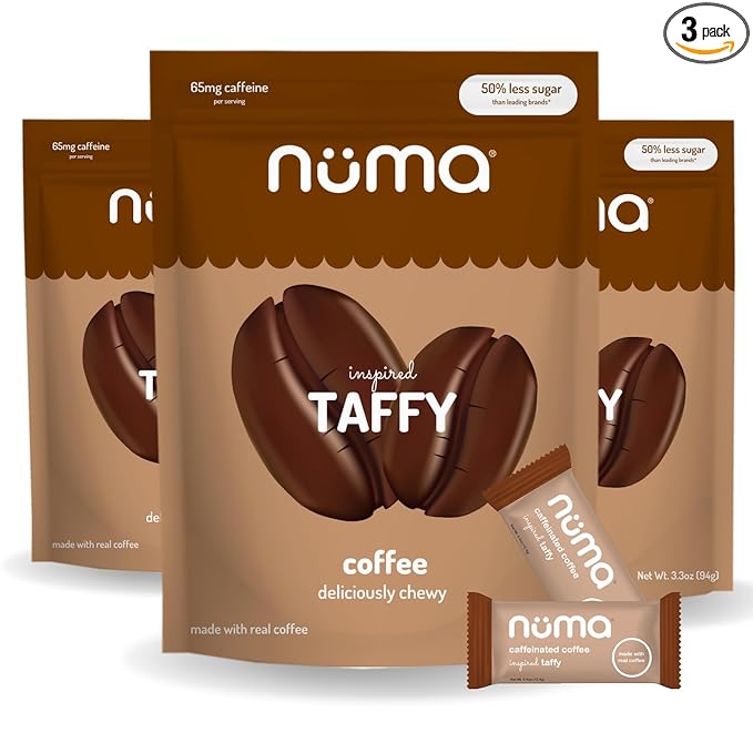 Numa Foods Coffee Chews - Caffeinated Taffy Candy, Low Sugar, High Protein, Low Calorie, All Natural & Gluten Free Candy with Caffeine - 3 Bags with 10 Coffee Candies Individually Wrapped