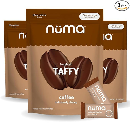 Numa Foods Coffee Chews - Caffeinated Taffy Candy, Low Sugar, High Protein, Low Calorie, All Natural & Gluten Free Candy with Caffeine - 3 Bags with 10 Coffee Candies Individually Wrapped
