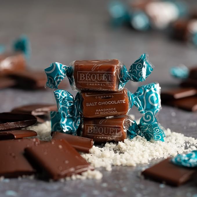 Béquet Caramel - Salt Chocolate Caramel - Caramel Candy Individually Wrapped - Gourmet Caramel Candy - Made in Montana - Kosher (Star-D) and Gluten Free - 8 oz Gift Bag