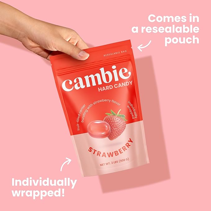Strawberry Hard Candy Individually Wrapped by Cambie, 2 lbs of Strawberry Candy with a Deliciously Sweet Hard Exterior with a Soft, Fruit-Filled Center