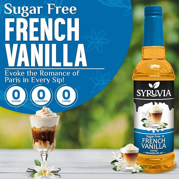 Syruvia Sugar Free Coffee Syrup, French Vanilla Flavored Syrup for Drinks, Lattes, and Desserts – 25.4 fl oz