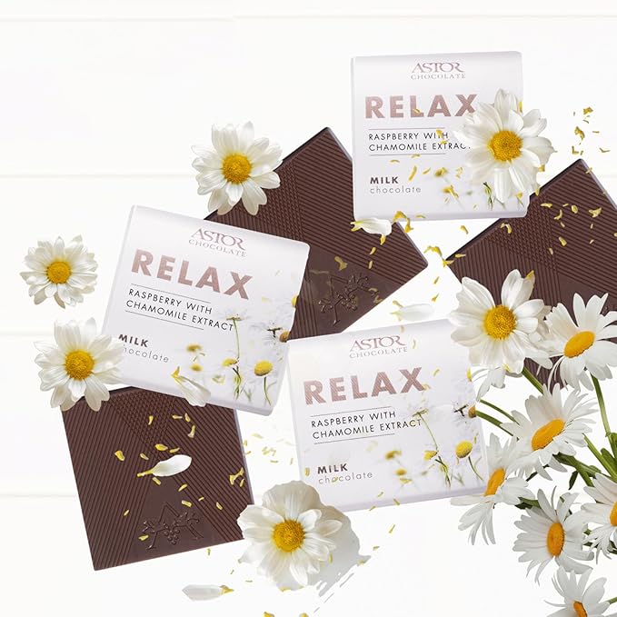 Astor Chocolate Relax Milk Chocolate Chamomile Raspberry Squares Gift Set | Chocolate Lovers Mini Bar Box l 18pc Individually Wrapped Relaxing Belgian Bite Size Chocolate Basket | 0.33oz Each Minibar Gourmet Snack | Kosher Food Candy Holiday Bars