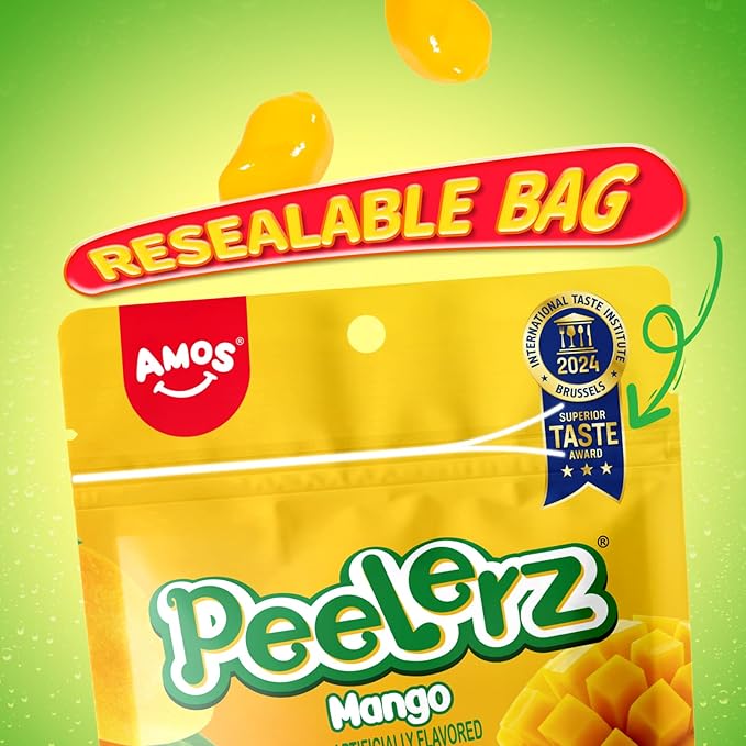 AMOS Peelerz Mango Peelable Gummy Candy, 6oz (170g) – Peelable Gummy Made with Real Fruit Juice, Resealable Bag, Fun Peeling Candy Snack for Kids and Adults