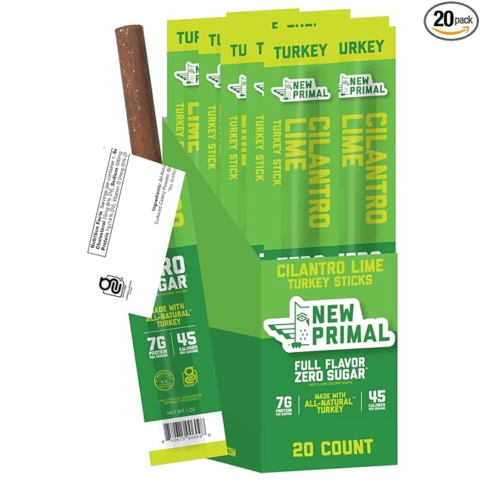New Primal Cilantro Lime Turkey Sticks, Keto, Gluten Free Healthy Snacks for Adults, Sugar Free Low Carb High Protein, Paleo Whole30 Jerky Meat Stick, 7g Protein, 45 Calories, 1oz (Pack of 20)
