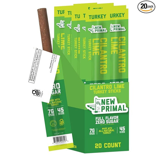 New Primal Cilantro Lime Turkey Sticks, Keto, Gluten Free Healthy Snacks for Adults, Sugar Free Low Carb High Protein, Paleo Whole30 Jerky Meat Stick, 7g Protein, 45 Calories, 1oz (Pack of 20)