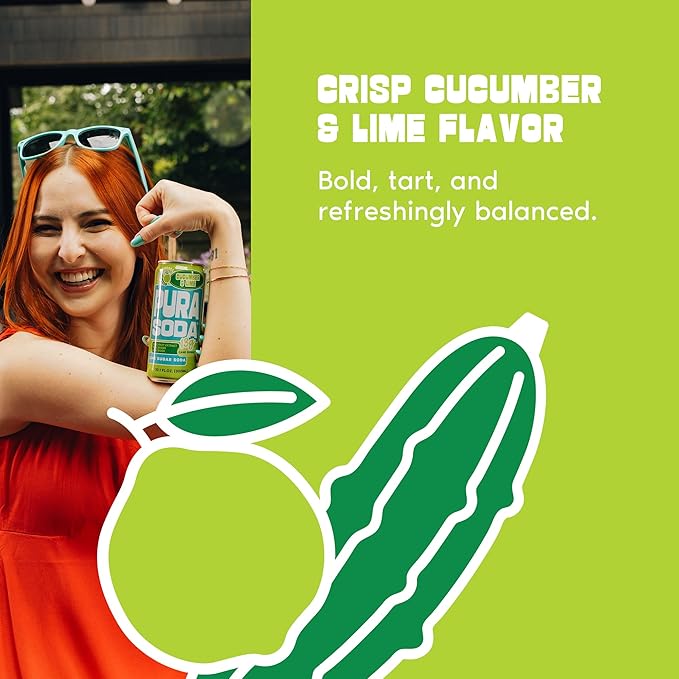 PuraSoda® Cucumber & Lime | Low-Calorie, Cane Sugar Soda Beverage | Non-GMO, Vegan | Made with Pure Cane Sugar, Clean & Refreshing | 10.1 fl oz (300ml) Cans, Pack of 24