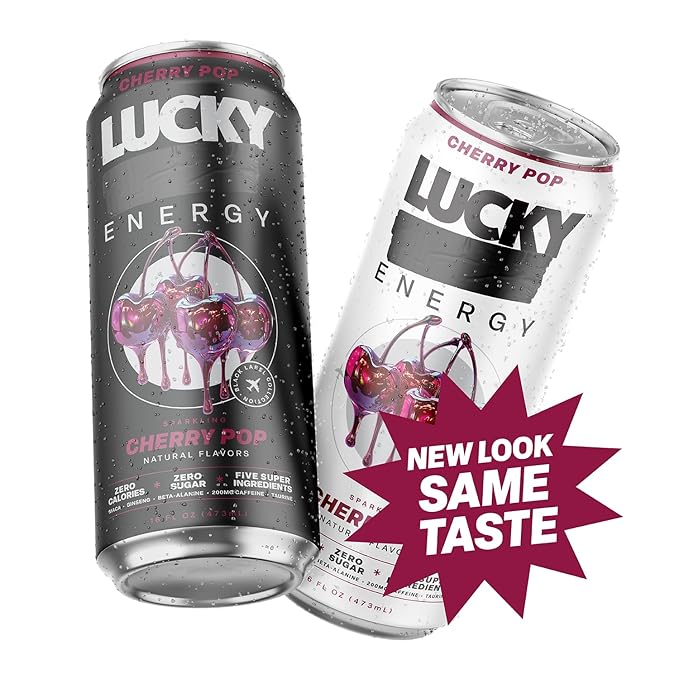Lucky Energy Sugar Free Energy Drinks, Cherry Pop, 16oz Cans (12-Pack) Healthy, Zero Sugar Energy Drink with Maca, Ginseng, Beta-Alanine, Taurine & 200mg Caffeine