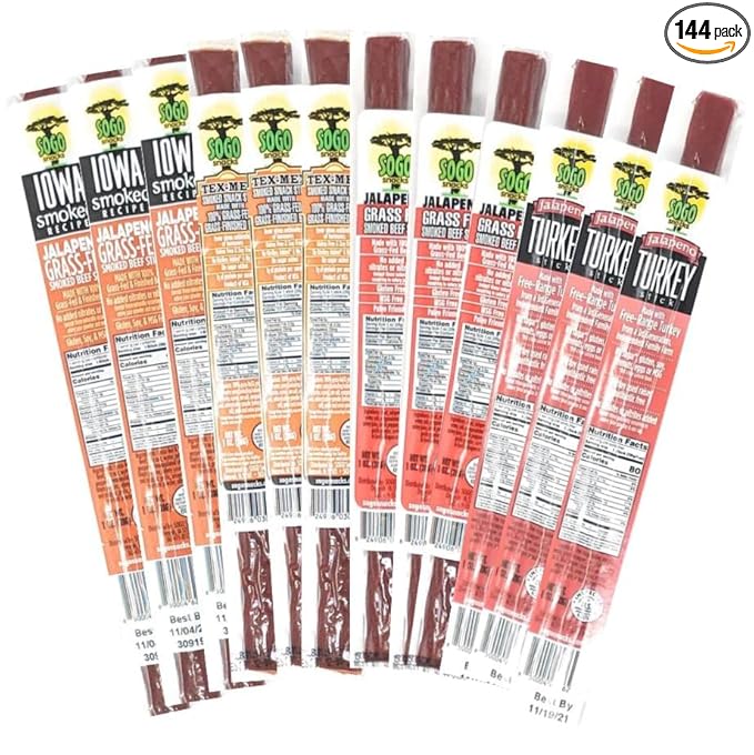 Spicy Variety Meat Sticks, Sogo Snacks, No Sugar, No Added Nitrates, Gluten, Soy, MSG, Dairy, Nuts. 3 100% Grass-fed/finished, Non-GMO, Beef Flavors. 1 Free-Range Turkey Flavor (36 of Each, 144-cnt, 1-oz)