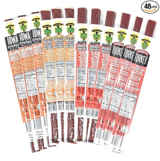 Spicy Variety Meat Sticks, Sogo Snacks, No Sugar, No Added Nitrates, Gluten, Soy, MSG, Dairy, Nuts. 3 100% Grass-fed/finished, Non-GMO, Beef Flavors. 1 Free-Range Turkey Flavor (12 of Each, 48-cnt)