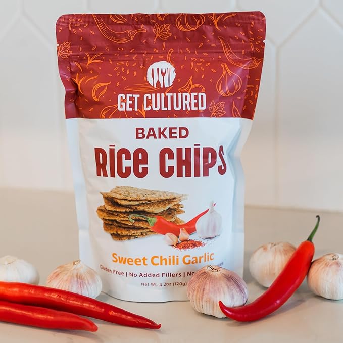 Get Cultured Sweet Chili Garlic Baked Rice Chips, Crispy and Crunchy Rice Chip Snack – Gluten & Dairy Free, No Preservatives – Healthy Snack Pack for Adults and Kids | 4.2 Oz Resealable Bag (1Pack)