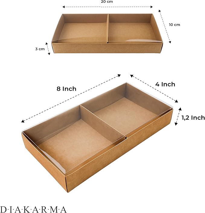 Diakarma Gift Boxes with Clear Cover, Bakery Treat Boxes for Small Cakes, Cookies, Desserts, Donuts, Pastries, Gifts, and Party Favors – Durable & Elegant (24 Pieces Brown Kraft, 4"x8"x1.2")