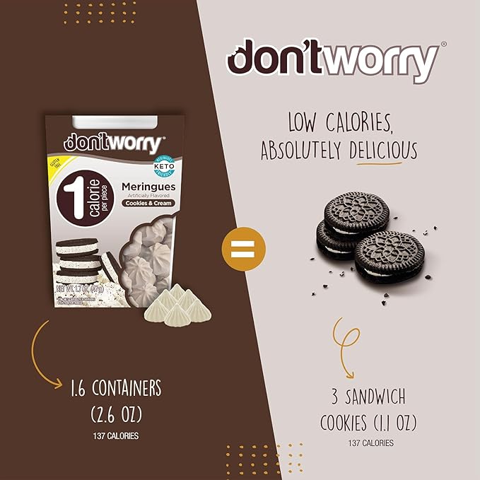 Don't Worry Low Calorie Meringue Cookies - 6 Pack - Cookies & Cream, Just 1 Calorie per Piece | Low Sugar Candy, Gluten Free, Protein Snacks | Keto Friendly and Healthy Snacks for Adults