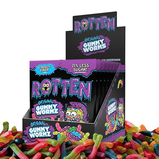 Rotten Original Gummy Worms - Low Sugar, Low Calorie, 7g Gut-Friendly Prebiotic Fiber and 3g Protein, Gluten Free Candy - 1.8 oz - 8-Pack