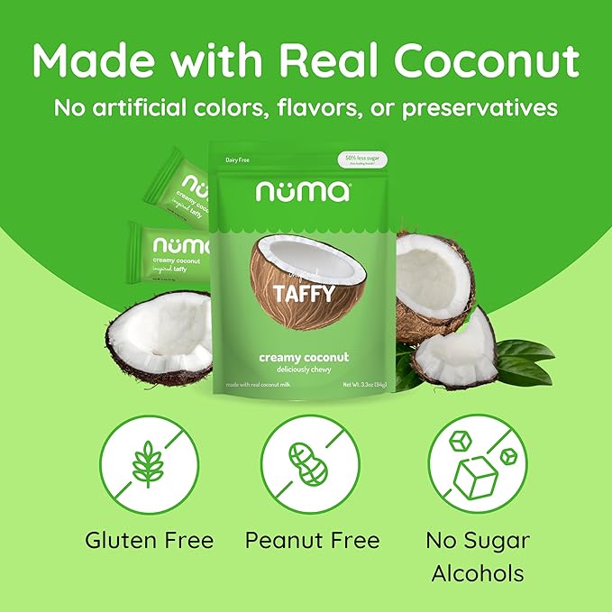 Numa Foods Creamy Coconut Taffy Candy – Dairy Free, Low Sugar Candy - Low Calorie & Natural Chewy Snack with Real MCT-Rich Coconut Milk, Gluten Free – 3 Bags with 10 Individually Wrapped Chews Each