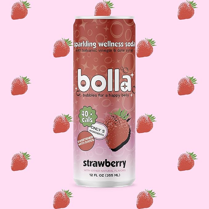 Strawberry Sparkling Wellness Soda - Naturally sweetened with dates - Crafted with balsamic vinegar - 5 simple ingredients - Low calorie - Antioxidant-rich - No added sugar 12 pack