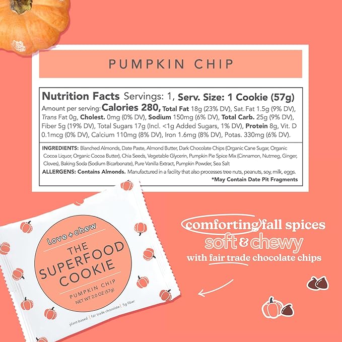 Love + Chew Superfood Soft Baked Vegan Cookies, Gluten Free, 7g Plant Based Protein Cookie, Healthy Snacks for Adults or Kids, Refined Sugar Free, Individually Wrapped, Pumpkin Chocolate Chip, 10 Pack