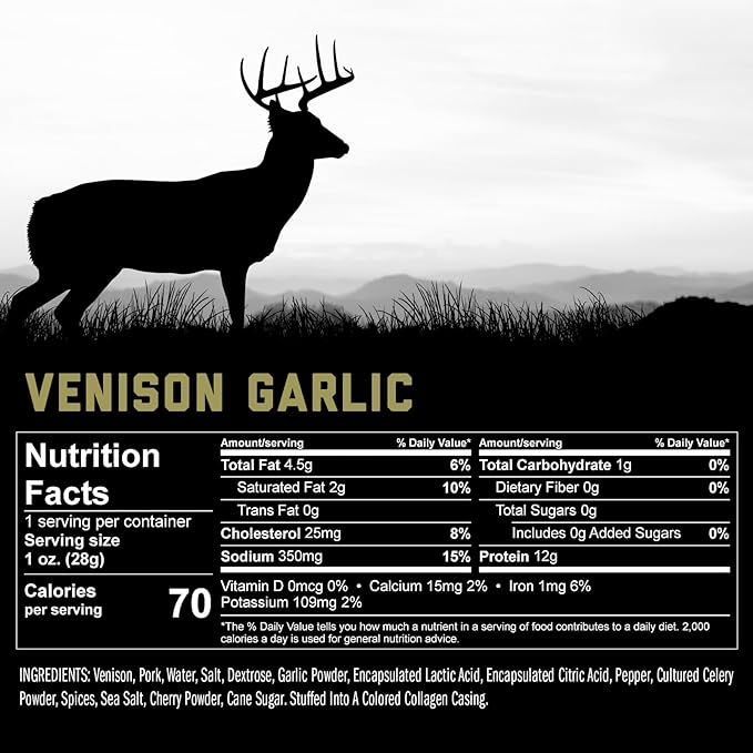 ICON Meats Venison and Pork Snack Sticks, Garlic Flavor, 24 Pack High Protein Snacks, Sugar Free, Natural Jerky Meat Sticks, Gluten Free, USDA Inspected, Made in the USA, Gifts & Stocking Stuffers