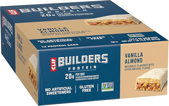 CLIF BUILDERS Protein Bars - Vanilla Almond Flavor - 20g Plant Based Protein - Gluten Free - Non-GMO - Low Glycemic - No Artificial Sweeteners - 2.4 oz. (12 Pack)