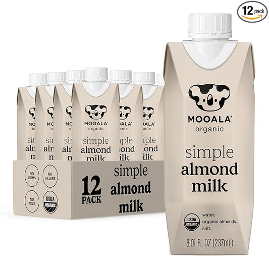 Mooala Organic Simple Almondmilk - -Shelf Stable Single Serve Cartons, 3 Ingredients, No Gums, No Oil, No Fillers Unsweetened, Dairy Free Milk, On The Go 12 Pack