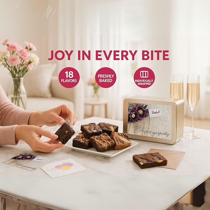 Sympathy Gift Baskets - 18 Individually Wrapped Brownies Freshly Baked in a Variety of Flavors - Dulcet's Signature Flavored Fudge Brownies - Gift Box Comes with Sympathy Card