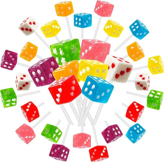 24 Pack Dice Candy Lollipops with 8 Colors, Vegas Style 8 Flavors Dice-Shaped Lollipop Candies Individually Wrapped Suckers Bulk, Old Fashioned Square Cube Suckers Candy for Casino or Bunco Theme