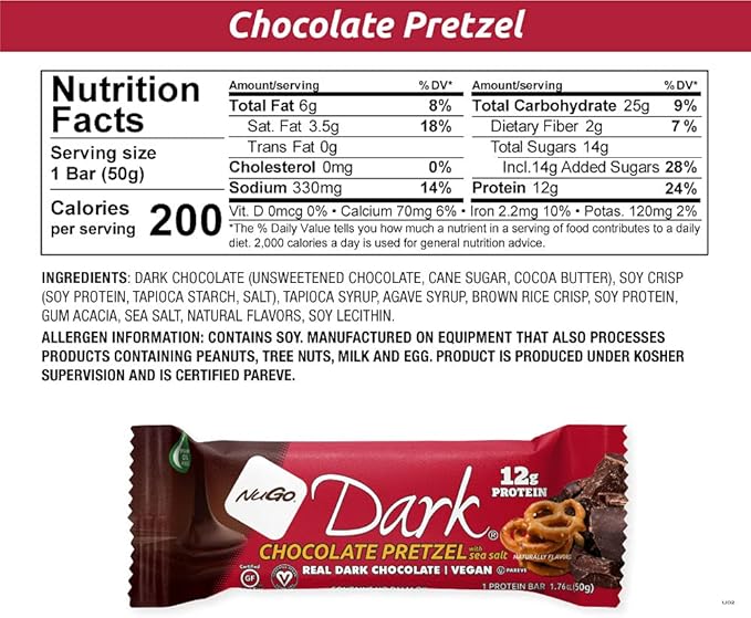 NuGo Dark Variety - Pretzel with Sea Salt 12 Bars & Dark Coconut 12 Bars, 10-12g Protein Bar, Vegan, Gluten Free, Non-GMO, Kosher Pareve, 24 Count