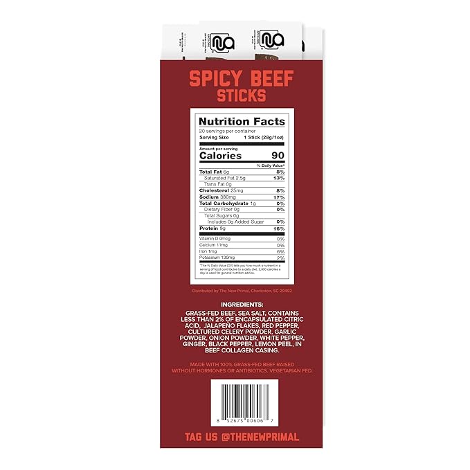 The New Primal Grass-Fed Spicy Beef Sticks, Keto, Gluten Free Healthy Snacks for Adults, Sugar Free Low Carb High Protein Snack, Paleo Whole30 Jerky Stick, 9g Protein, 20 Ct