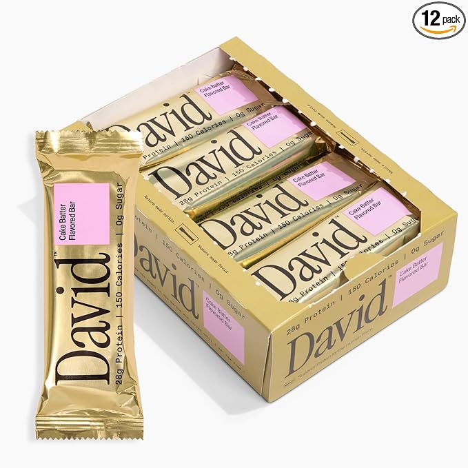 David High Protein Bars No Sugar - Sugar Free Protein Bars, Low Carb, Gluten Free - 28g of Protein, 150 Calories - David Bar On-The-Go Snack - Cake Batter Flavor, Pack of 12