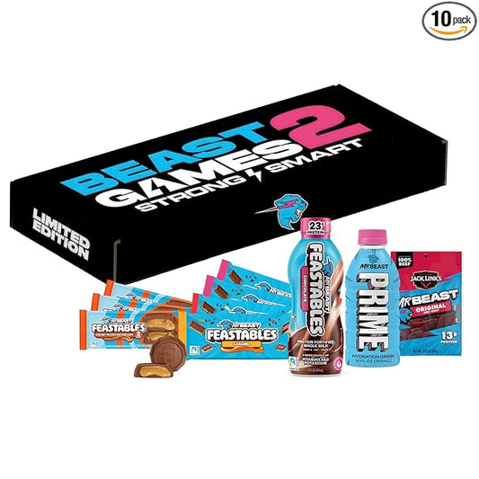 Feastables Beast Games Season 2 Bundle, Mrbeast Snacks Variety Pack With Chocolate Bars and Cups, Protein Milk, Hydration Drink, and Beef Jerky, Gift Basket for Adults and Kids, 10 Count Snack Box