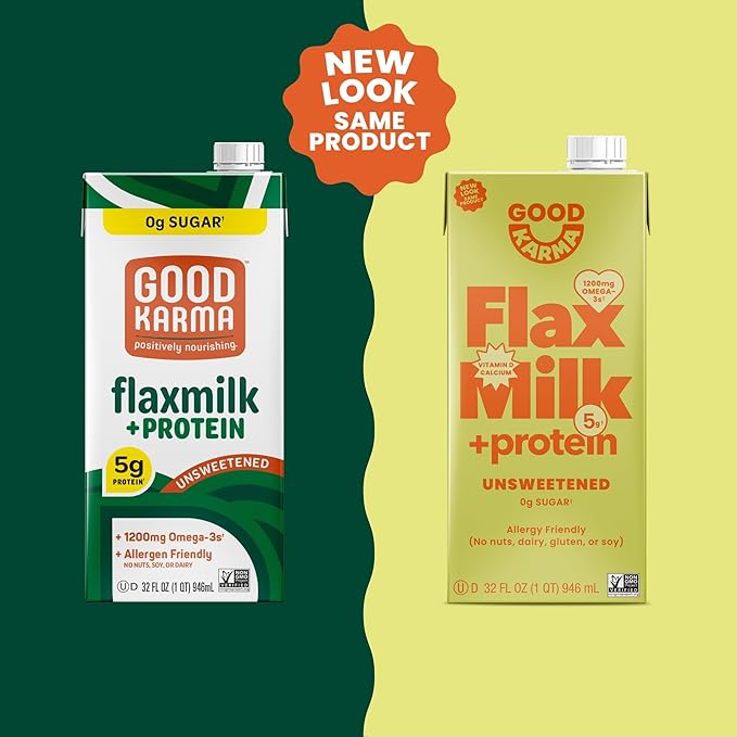 Good Karma Unsweetened Flaxmilk +Protein, 32 Ounce (Pack of 6), 5g Plant Protein + 1200mg Omega-3 Per Serving, Plant-Based Non-Dairy Milk Alternative, Lactose Free, Nut Free, Vegan, Shelf Stable