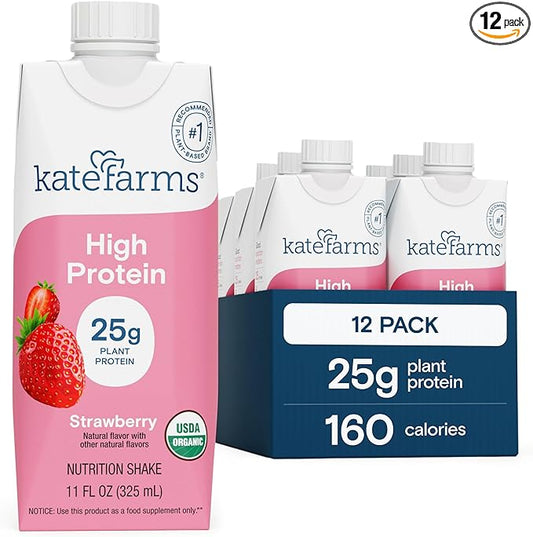 KATE FARMS Organic High Protein Strawberry Nutrition Shake, 25g Protein, 6g Fiber, 27 Vitamins and Minerals, 0g Sugar, Protein Drink, 11 oz (12 Pack)