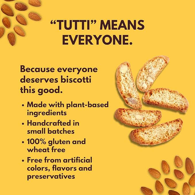 Tutti Gourmet Gluten Free Almond Biscotti, 9.9 oz (283g) Resealable Cookie Bag - Plant Based Vegan and Halal Snacks, Crunchy Italian Cookies for Coffee and Tea