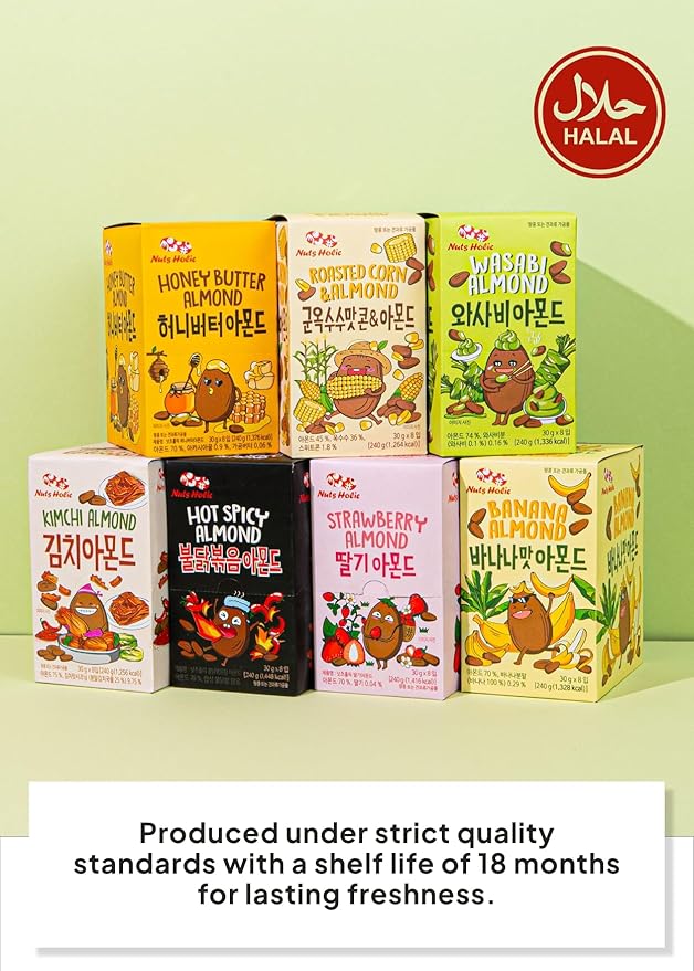 Korean Food Nuts Holic Roasted Corn & Almond, Sweet & Nutty Crunchy Almond Snack, 8 Packs 8.5 oz (1.05 oz Each)
