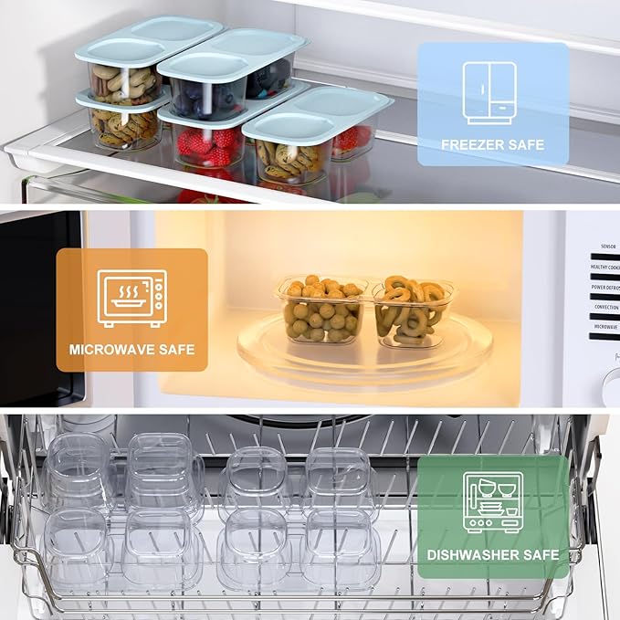 Reusable Snack Containers with Lids for Kids-Light Blue 10 PACK, [UNIQUE DESIGN 2-COMPARTMENT] BPA-Free/Microwave/Dishwasher Safe, Snack Bowls Container for On-the-Go Meals,Camping and Travel