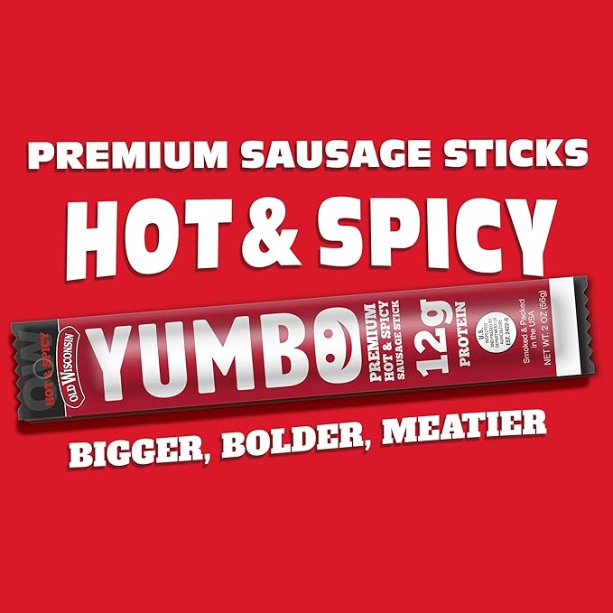 Old Wisconsin Yumbo Summer Sausage Snack Sticks, Ready to Eat, High Protein, Low Carb, Keto, Gluten Free, 20 Individually Wrapped 2oz Sticks, Hot & Spicy Flavor